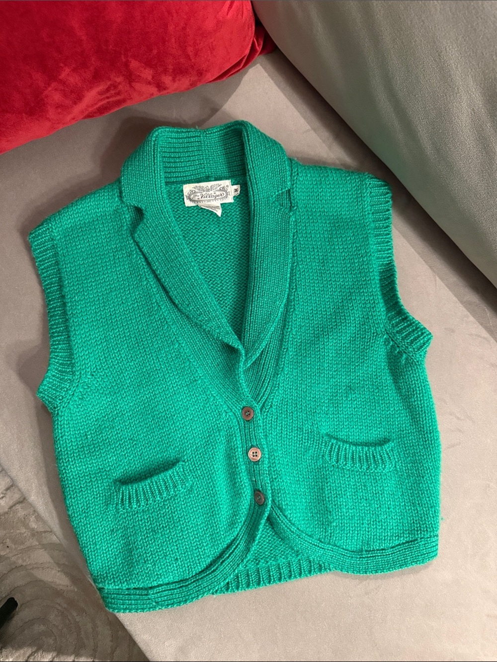 Green Knit Shawl Collar Sweater Vest - Unbranded